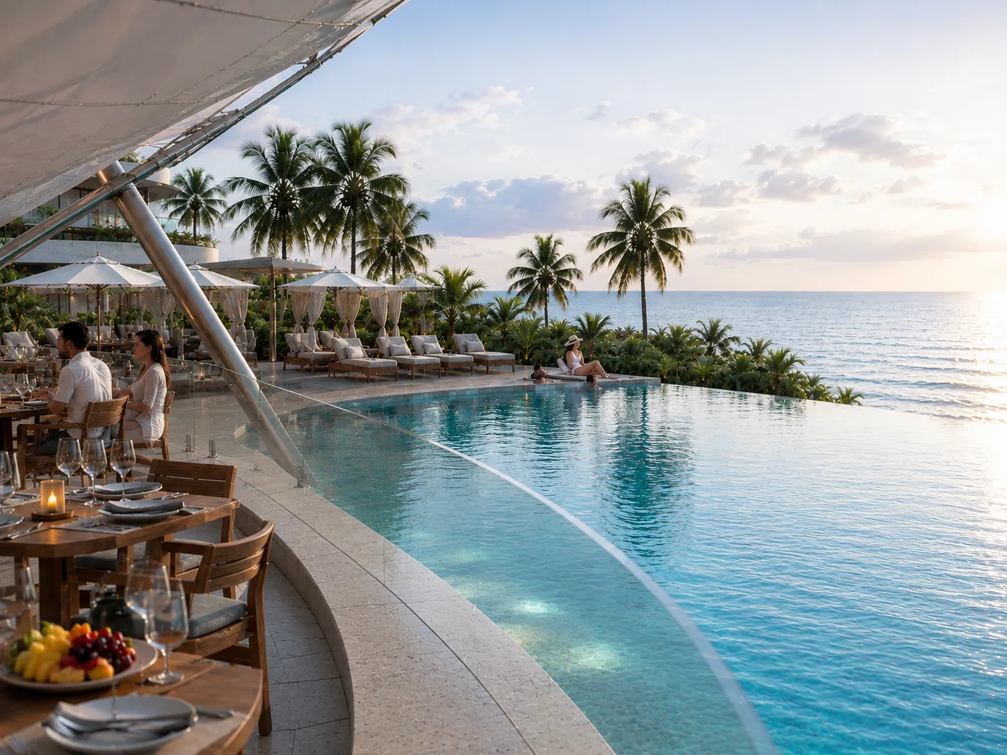 Infinity pool and restaurant by the ocean