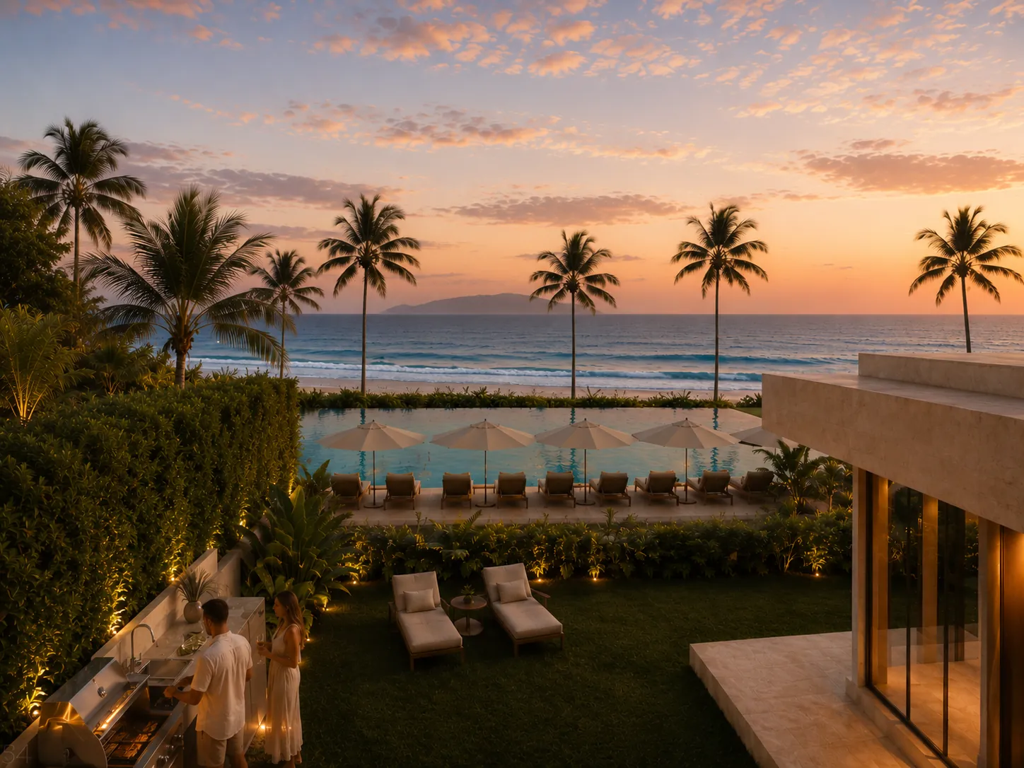 Villa garden at sunset