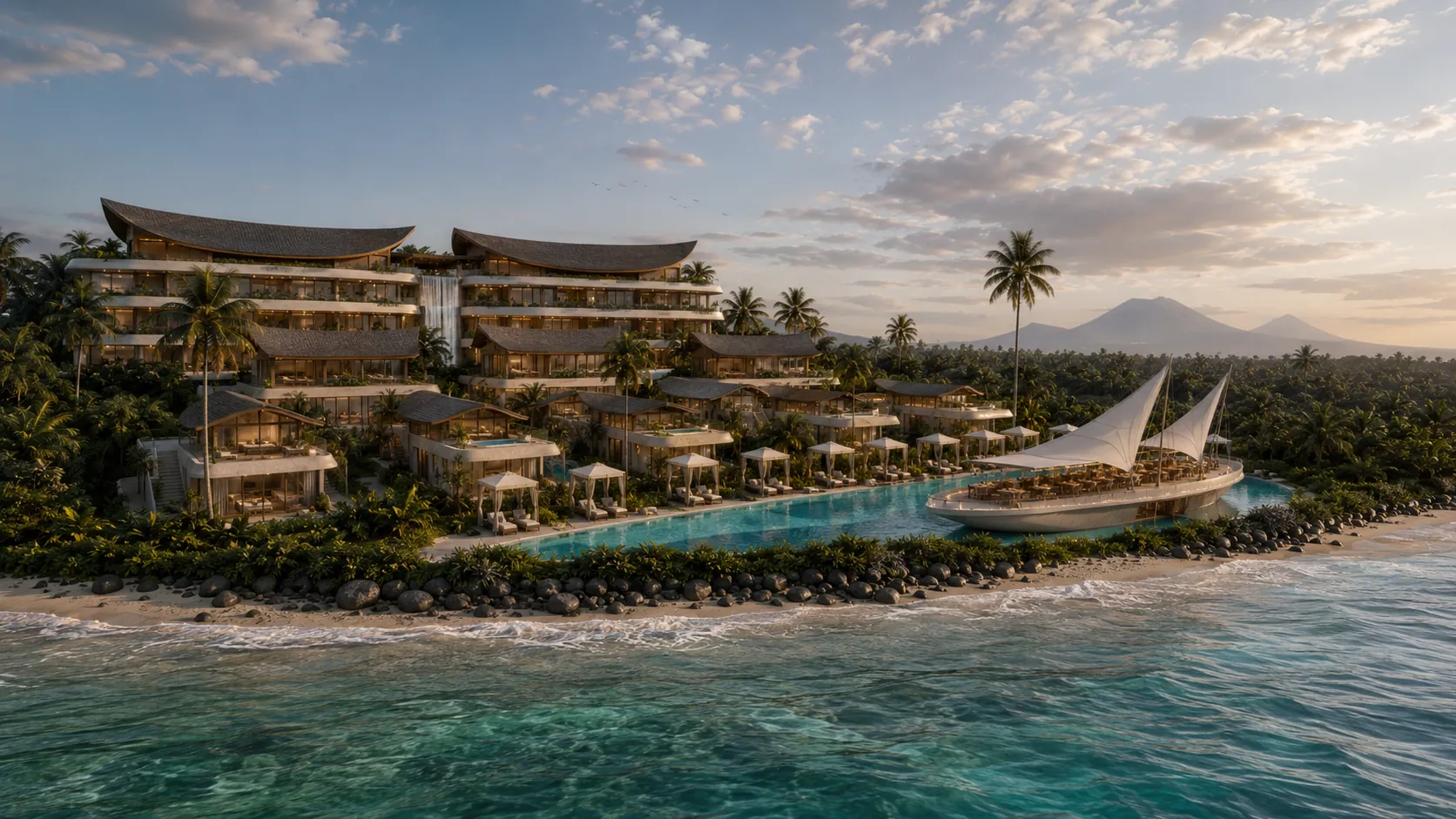 Aurora Sanur — the complex from the sea by day