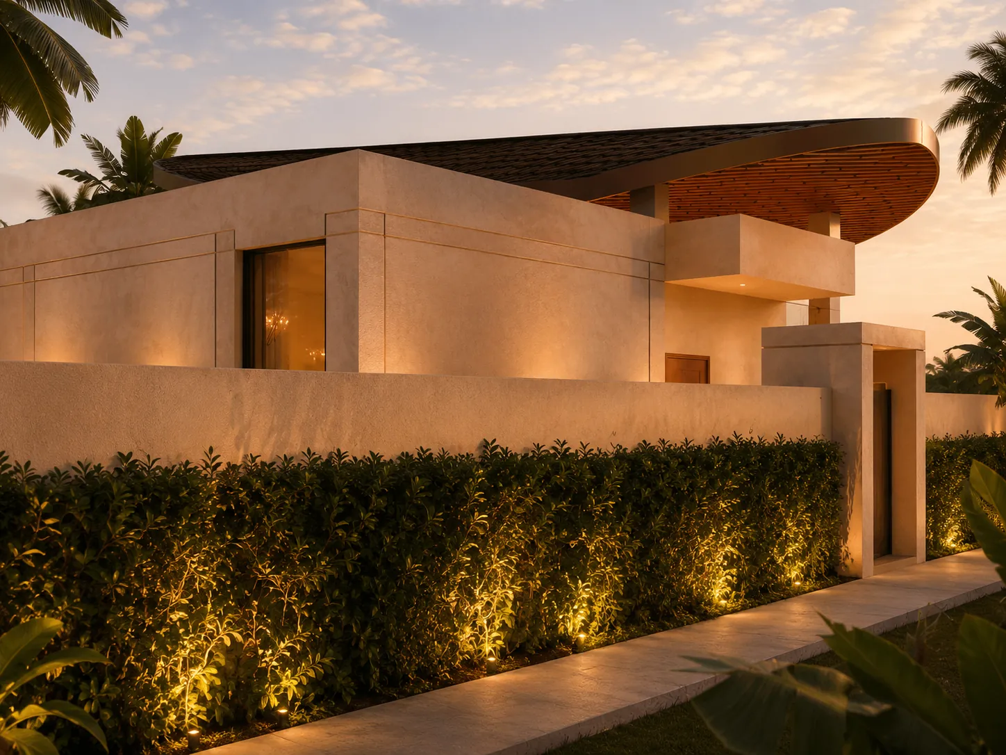 Villa facade in the evening